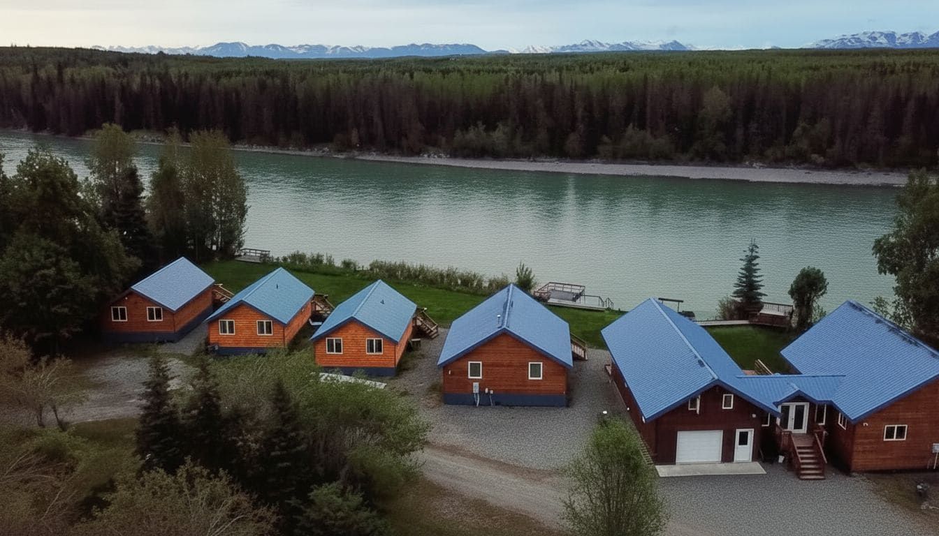 Kenai River fishing lodge cabins on the riverbank in Sterling, Alaska