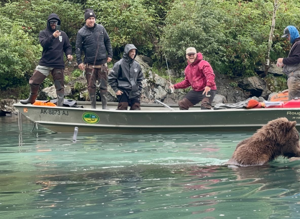 Guests encounter a bear while fishing on the river